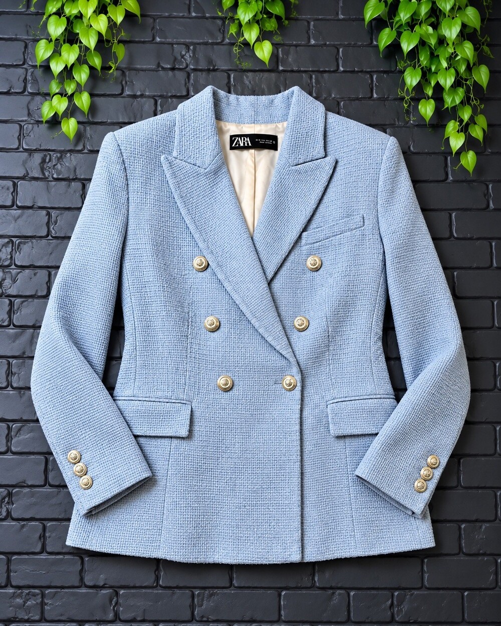 Zara Powder Blue Tweed Double-Breasted Blazer – Size M